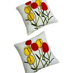 GAB White & Red 2 Pieces Floral Embroidered Cotton Square Cushion Covers-picture-15