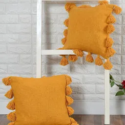 HOMADORN Boho Mustard 2 Pieces Cotton Square Cushion Covers With Tassels-14