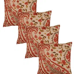 ZEBA Beige & Red 4 Pieces Floral Printed Square Cotton Cushion Covers-1