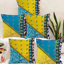 STITCHNEST Blue & Mustard Set of 5 Ethnic Motifs Square Cushion Covers-15