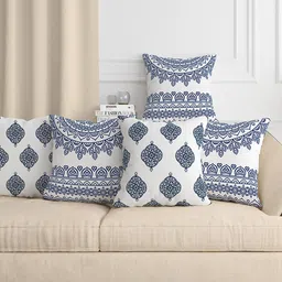 Aura White & Blue 5 Pieces Ethnic Motifs Square Cushion Covers-picture-10
