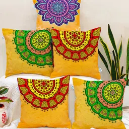 STITCHNEST Yellow & Green Set of 5 Ethnic Motifs Square Cushion Covers-9