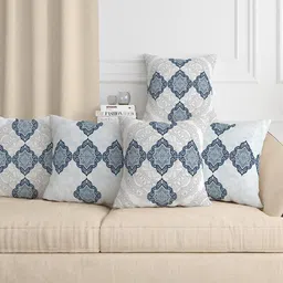 Aura White & Blue 5 Pieces Ethnic Motifs Square Cushion Covers-43