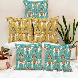 STITCHNEST Set of 5 Yellow & Green Ethnic Motifs Square Cushion Covers-4
