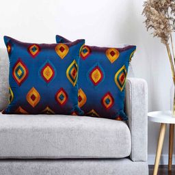 Vinayaka Fab Blue & Orange 2 Pieces Geometric Embroidered Square Cushion Covers-picture-23