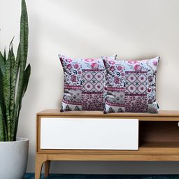 Tasseled Home Beige & Red 2 Pieces Floral Printed Velvet Square Cushion Covers-image-80