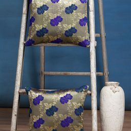 Alina decor Blue & Gold-Toned Set of 2 Floral Square Cushion Covers-42