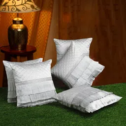 HOSTA HOMES Grey Set of 5 Satin Square Quilted Frilled Cushion Covers-32