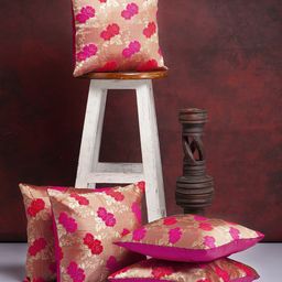 Alina decor Pink & Gold-Toned Set of 5 Floral Square Cushion Covers-29