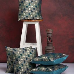 Alina decor Set of 5 Teal Blue & Gold-Toned Ethnic Motifs Square Cushion Covers-25