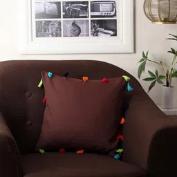 Lushomes Brown & Blue Pom Poms Cotton Square Cushion Cover-image-46