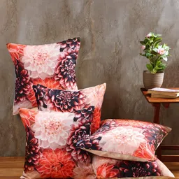 Aura Orange & Cream 5 Pieces Floral Printed Jute Cotton Square Cushion Covers-image-48