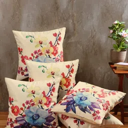 Aura Cream-Coloured & Blue Set of 5 Floral Square Cushion Covers-34