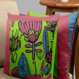 HOUZZCODE Green & Pink Set of 2 Floral Square Cushion Covers-40