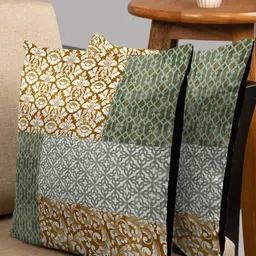 HOUZZCODE Set of 2 Green & Cream-Coloured Floral Square Cushion Covers-20