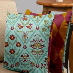 HOUZZCODE Sea Green & Red Set of 2 Floral Square Cushion Covers-14