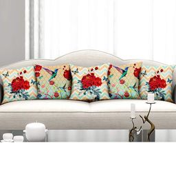 homewards Blue & Red Set of 5 Floral Satin Square Cushion Covers-1
