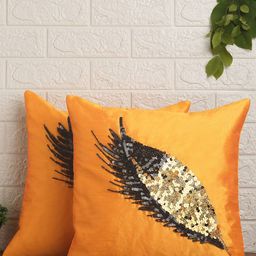 Alina decor Yellow & Black Set of 2 Embellished Square Cushion Covers-6