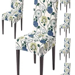 HOKIPO Off White & Green 6-Pieces Printed Stretchable Chair Covers-12
