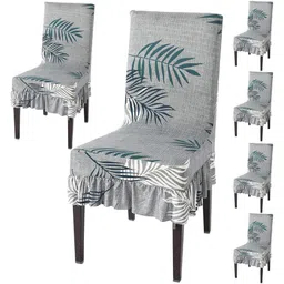 HOKIPO Grey & White 6 Pieces Printed Stretchable Frill Chair Covers-7