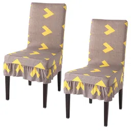 HOKIPO 2-Pcs Yellow & Brown Printed Stretchable Frill Chair Covers-3