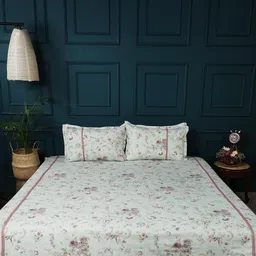 Amora 3 Pieces Green & Pink Floral Printed Cotton Bed Cover & 2 Pillow Covers-11