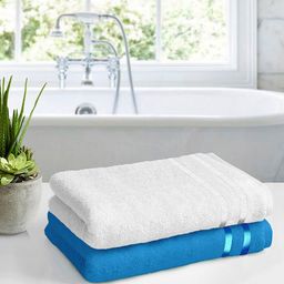 Story@home Set Of 2 White & Blue Solid Cotton 450 GSM Pure Cotton Medium Bath Towels-image-54