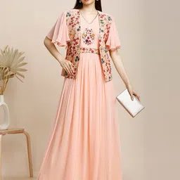 MADHURAM Women Embroidered Flutter Sleeve Georgette Maxi Gown Dress with Attached Jacket-picture-29
