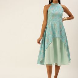 Ethnovog Turquoise Blue Layered Georgette Midi Dress-44