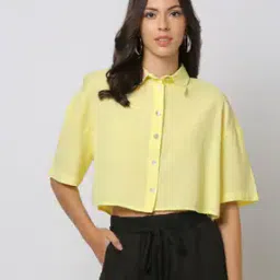Women Loose Fit Crop Shirt with Spread Collar-image-67