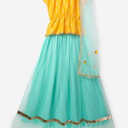 K&U Girls Yellow & Green Printed Ready to Wear Lehenga & Blouse With Dupatta-15
