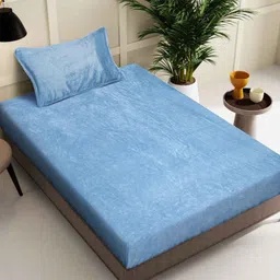 KLOTTHE Blue Woollen 300TC Single Bedsheet With Pillow Cover-29
