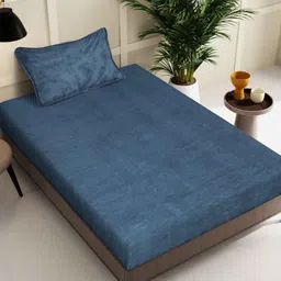 KLOTTHE Turquoise Blue 300 TC Woolen Single Bedsheet With Pillow Cover-picture-37