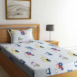 KLOTTHE Blue & Red Printed 300 TC Fitted Single Bedsheet & Pillow Cover-picture-16
