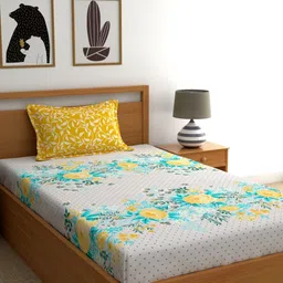 Home Ecstasy Yellow & Green Floral 140 TC Single Bedsheet With Pillow Cover-image-100
