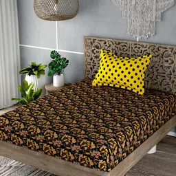 EverHOME Yellow & Black Floral 180 TC Flat Cotton Single Bedsheet with 1 Pillow Cover-image-56