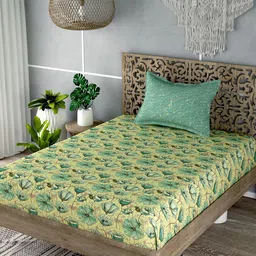 EverHOME Yellow & Green Floral 180 TC Flat Cotton Single Bedsheet with 1 Pillow Cover-image-63