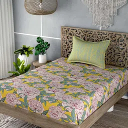 EverHOME Yellow & Green Floral 180 TC Floral Single Bedsheet with 1 Pillow Cover-image-53