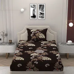 Bromwick Coffee Brown Floral 210 TC Single Bedsheet with 1 Pillow Covers-image-2
