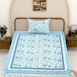 Urban Jaipur White & Blue Floral Printed 210 TC Single Bedsheet with 1 Pillow Cover-image-86