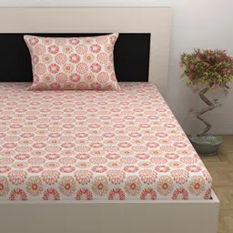 Divine Casa Peach-Coloured & White Floral 144 TC Single Bedsheet with 1 Pillow Covers-image-26