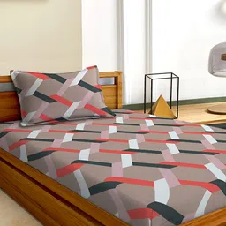 Aura Brown & Red Geometric 180 TC Single 120 GSM Bedsheet with Pillow Cover-24