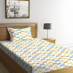 BLANC9 Kids White & Yellow Car Print Single Bedsheet with 1 Pillow Cover-25