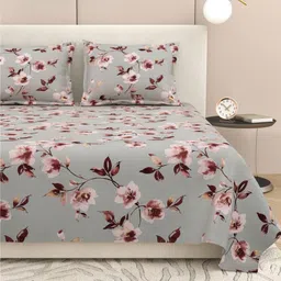 DREAM WEAVERZ Grey & Brown Floral 220 TC King Bedsheet with 2 Pillow Covers-image-93