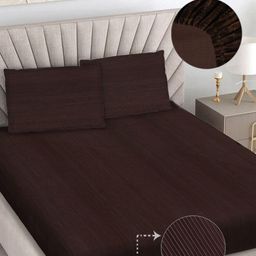 FABINALIV Coffee Brown Striped 300 TC Fitted King Bedsheet with 2 Pillow Covers-image-85