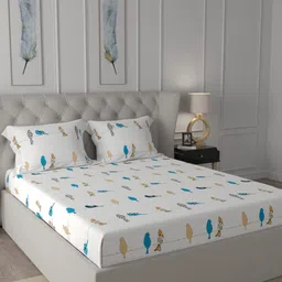 URBAN SPACE White & Blue 144 TC Cotton Queen Bedsheet with 2 Pillow Covers-34
