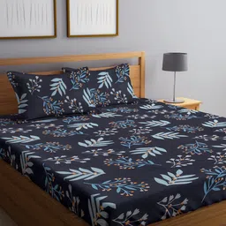 Arrabi Black & Yellow Floral 300 TC King Bedsheet with 2 Pillow Covers-image-58