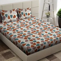 Arrabi Cream-Coloured & Red Floral Printed 300 TC King Bedsheet with 2 Pillow Covers-9