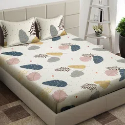 Arrabi Cream-Coloured & Yellow Floral 300 TC King Bedsheet with 2 Pillow Covers-62
