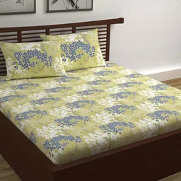Divine Casa Prisham Green Floral Pure Cotton 144 TC Queen Bedsheet with 2 Pillow Covers-image-84